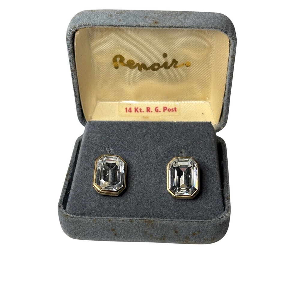 Renoir Vintage Emerald Cut Crystal Stud Earrings 14K Rolled Gold Post with Box